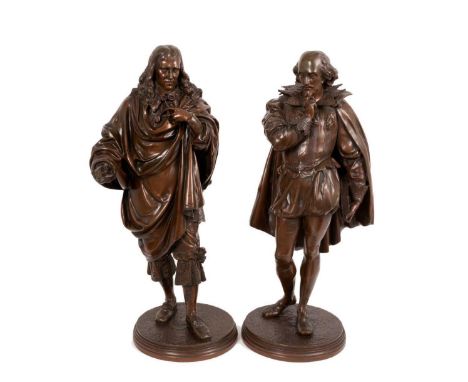 John Jules B. Salmson (1823-1902): Substantial pair of bronze figures of Shakespeare and Rousseau, signed to the naturalistic