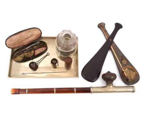 Late 19th/early 20th century Chinese metalwork opium pipe and other related paraphernalia, the opium pipe with copper bowl, s