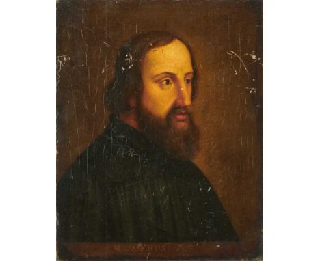 Czechoslovakian School, 19th century, oil on panel, portrait of the Theologian Jan Hus, 30.5cm x 24cm, unframed 