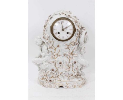 Late 19th century German porcelain mantel clock with cylinder movement signed Tiffany &amp; Co. The case with parcel gilt and