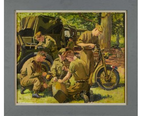 Deirdre Henty-Creer (1928-2012) oil on canvas - WWII Soldiers repairing a motorbike, signed, 51cm x 61cm, in painted frameNB: