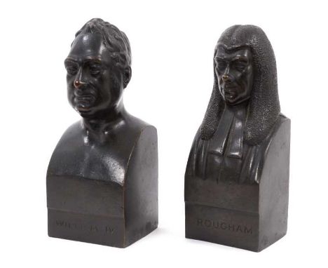 Pair of 19th century bronze library portrait busts of Lord Brougham and William IV each with publication details for Sam Park
