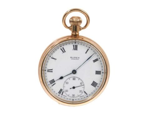 1950s Gentlemen's Buren 9ct gold open face pocket watch with white enamel dial, Roman numerial hour markers, subsidary second