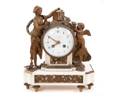 19th century French Louis XVI revival mantel clock with female figure with bird cage and cherub in white marble and ormolu ca