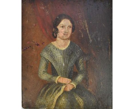 American School early 19th century, oil on metal, a naive portrait of a lady, unframed. 16 x 13cm.