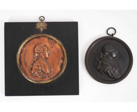 19th century copper medallion depicting Louis XVI, in ebonised wood frame, total size 14 x 14cm, together with a 19th century