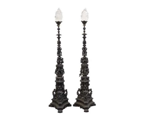 Fine pair of 19th century Venetian bronze standard lamps, converted for electricity, of flared column form, with frosted glas