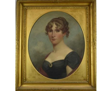 English School, early 19th century, oil on canvas - portrait of a young lady, oval, 59cm x 50cm, in gilt frame
