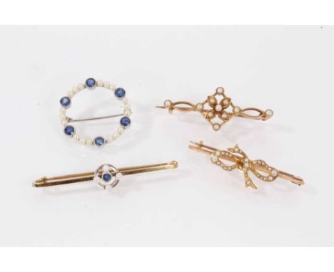 Four Victorian and Edwardian gold gem set and seed pearl broochesCircular brooch stamped 14ct and P.T - weight 2.7 gramsThree