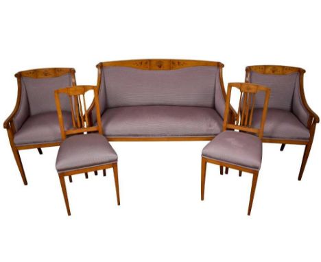 Edwardian satinwood and marquetry inlaid salon suite, comprising twin seater sofa, pair of armchairs and set of six side chai