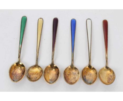 Set of six Danish silver coffee spoons, with guilloché enamel handles, in original box, marked Gullsmed Fridtjof Morken, Tron