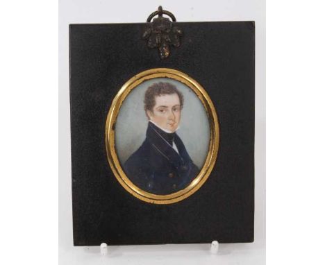 Solomon Polack (1757-1839) portrait miniature on ivory, depicting a young man in blue coat, paper label verso with artist's d