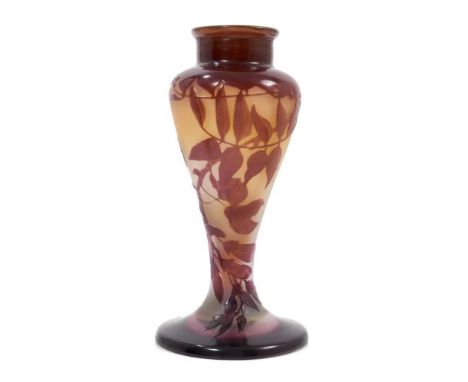 A Galle overlay purple glass vase, of baluster form with flared foot, decorated with foliage, signed, 16cm highSome minor scr