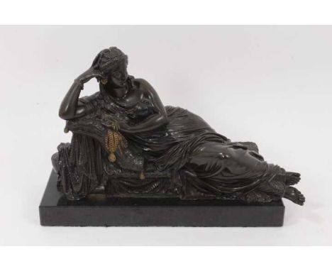19th century Grand Tour bronze, depicting Cleopatra reclining, raised on black marble plinth, total length 34cmVery good cond