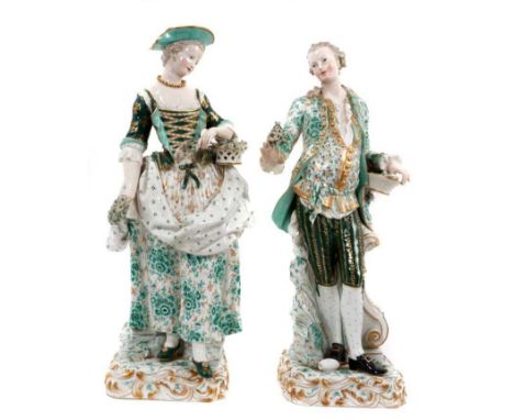 A pair of large Meissen figures of a lady and gentleman, late 19th century, modelled after Kaendler, both shown holding flowe