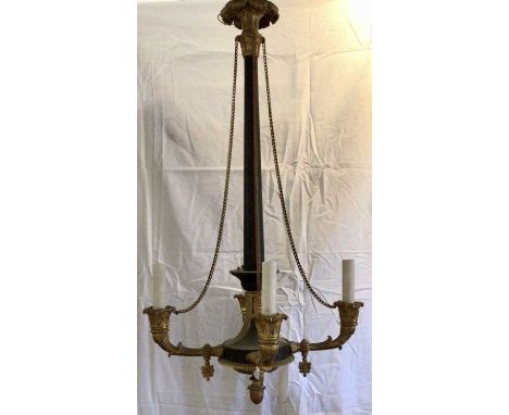 Empire style four branch ceiling light, central gently flared fluted column to bulbous section issuing four leaf clad arms, 8