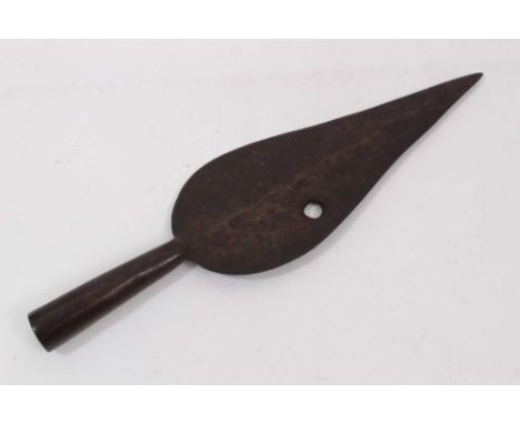 Unusual antique bronze tribal spear head, apparently with musket ball hole to blade, 36cm long