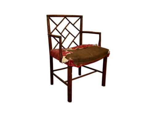 George III yew wood Chinese Chippendale elbow chair, with lattice back and bowed seat on cluster column supports