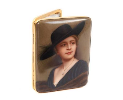 Early 20th century Rosenthal painted porcelain cigarette box, of cushion form, the cover painted with a portrait of a high so