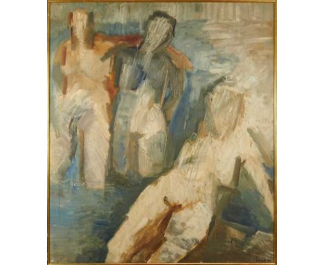 Dorothy Mead (1928-1975) oil on canvas - Three bathers, signed and dated '62, 114cm x 132cm, framed. Dorothy was born in Lond