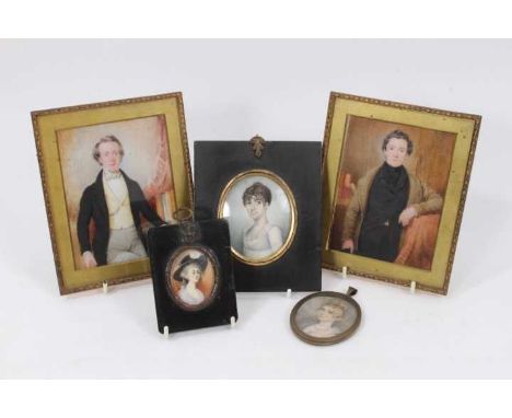 English School, circa 1840s, pair of watercolour portrait miniatures on ivory, three-quarter length depictions of young gentl