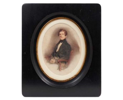 Manner of David Wilkie (1785-1841) watercolour on paper - Portrait of a young man seated, 19 x 14cm, oval, in glazed ebonised