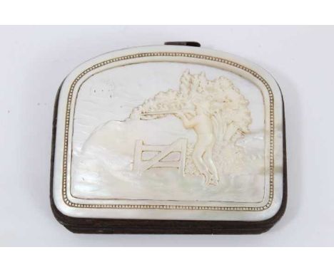 19th century French carved mother of pearl coin purse with relief carved decoration of a hunter, 7.5cm wide
