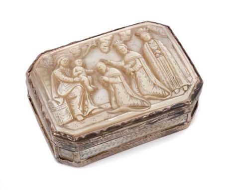 18th century Continental carved mother of pearl box, of canted rectangular form, carved in high relief with scene of the Magi