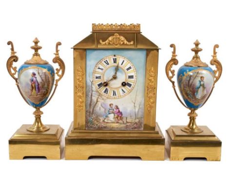 Late 19th century French clock garniture by AD. Mougin, in gilded brass case with porcelain panel painted depicting courting 