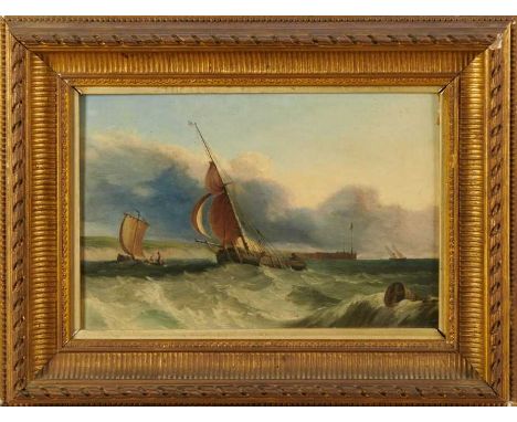 Attributed to Edmund John Niemann (1813-1876) oil on panel - Fishing vessels off the coast, indistinctly signed within the bu