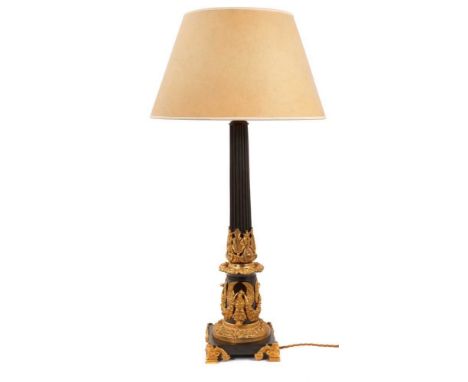 Fine Empire style bronze and ormolu lamp base, with fluted column and foliate ornament applied with eagle and swag ornament o