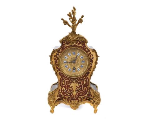 Late 19th century French mantel clock in boulle work case with gilt metal dial with enamel numeral plaques and ormolu mounts,