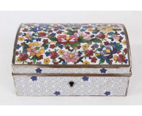 Chinese cloisonné enamel jewellery box, domed floral inlaid cover enclosing velvet lined interior, with key, 14cm wide