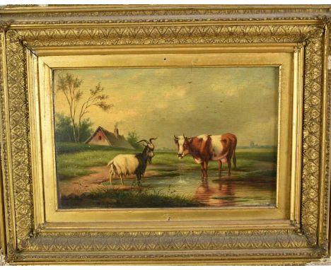 English School, 19th century, pair of oils on panel - Livestock in Landscapes, 20cm x 32cm, in gilt frames 