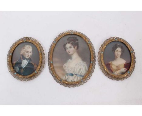 Three early 20th century portrait miniatures, printed and hand finished on ivorine, variously signed Leroy, Dovay, Smith, in 