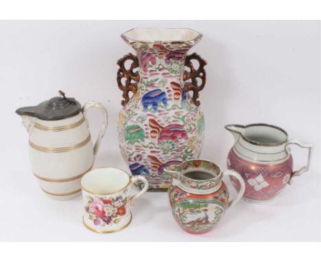 Five pieces of 19th century English pottery, including a Mason's style twin-handled chinoiserie vase, 32cm high, a pink lustr