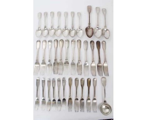 Large group of Georgian and later silver Fiddle and Thread pattern flatware, comprising twelve table forks, eleven dessert fo