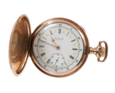 Early 20th century Gentlemen's Elgin gold plated full hunter pocket watch with white enamel dial, Roman numerial hour markers