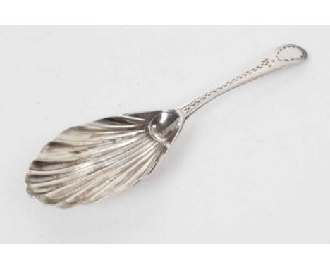 George III silver caddy spoon, with shell bowl and bright cut handle (London 1786) possibly Thomas Evans. 10.5cm overall leng