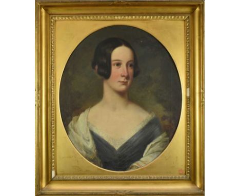 English School, early 19th century, oil on canvas - portrait of a young lady, oval, 59cm x 50cm, in gilt frame 