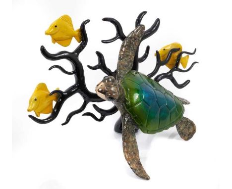Chris Barela enamelled bronze sculpture of a turtle and fishes, signed and numbered 36/500, 25cm wide