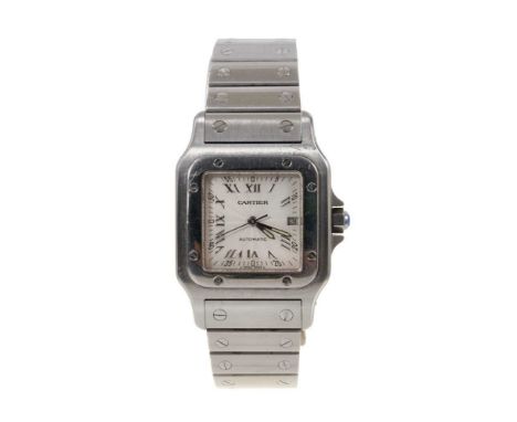 Cartier Santos automatic wristwatch with silver engine turned dial, Roman numerial hour markers and calendar at the 3 o'clock