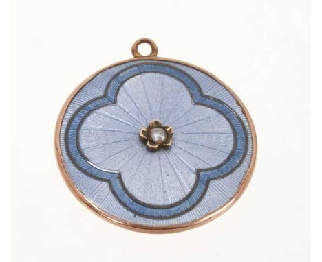 Edwardian 9ct gold enamelled locket, the circular blue guilloché enamel plaque mounted with a single cultured pearl to the ce
