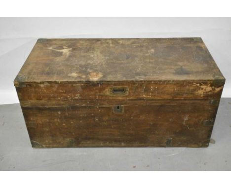 19th century brass bound camphor wood trunk, with flanking carrying handles, the lock with unusual bell alarm sounding when t