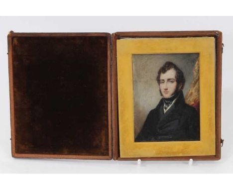 English School, circa 1830, portrait miniature on ivory depicting a young gentleman in black jacket, 10 x 7cm, cased. APHA Re