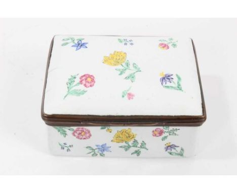 18th century German enamel rectangular snuff box, of cushion form painted with flowers, circa 1760, 9cm wideGood antique cond