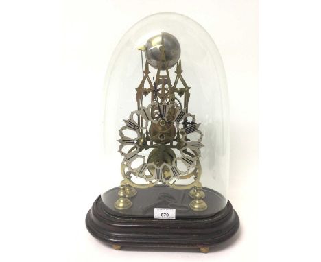Victorian Gothic skeleton clock with single train fusee movement striking on bell under glass dome on oval base, 41cm high ov