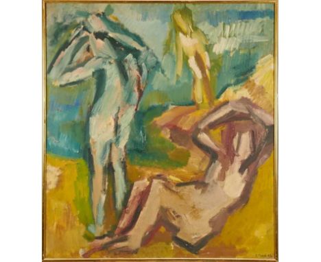 Dorothy Mead (1928-1975) oil on canvas - bathers after Cezanne, signed and dated '65, 102cm x 91.5cm, framed. Dorothy was bor