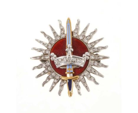 Garrard 9ct white and yellow gold, enamel and diamond brooch for The Imperial Society of Knights Bachelor. Maker's mark for G