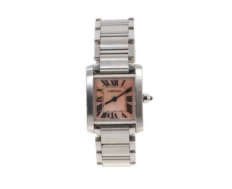 Ladies' Cartier Francaise quartz wristwatch mother of pearl dial with Roman numerial hour markers, blued hands and pink sapph